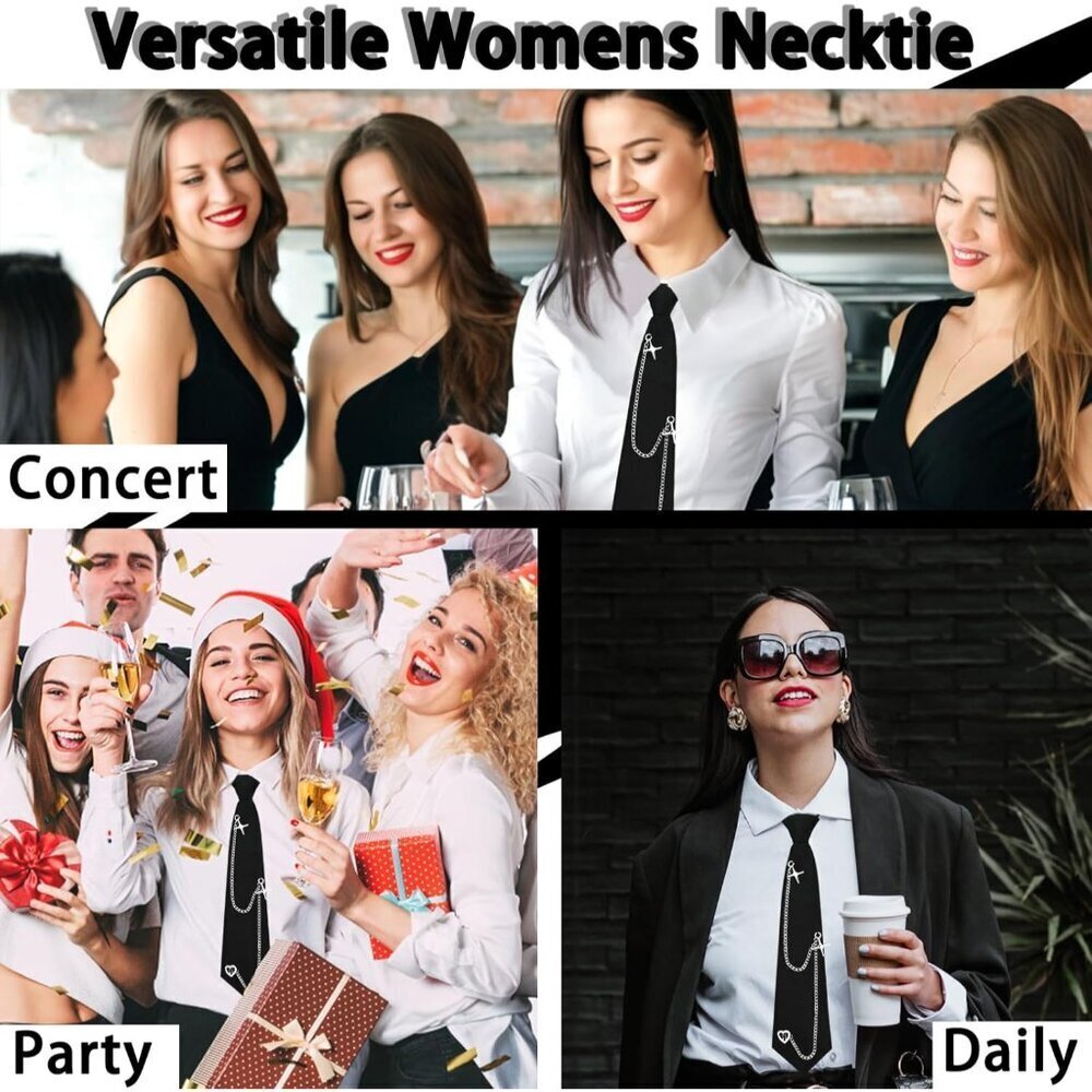 Women’s Pre-Tied Black Polyester Punk Chain Tie Accessory for School and Parties - Picture 6 of 6